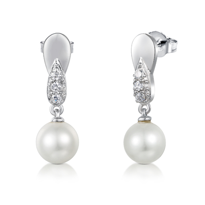 Serie de la perla 925 pendientes del aro de junio Birthdaystone de los pendientes de la perla de la CZ de la plata pequeños