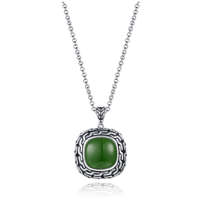 verde pendiente Jade Pendant del amortiguador de la cadena 14x14m m de la gota de la piedra preciosa de plata 9.48g 925