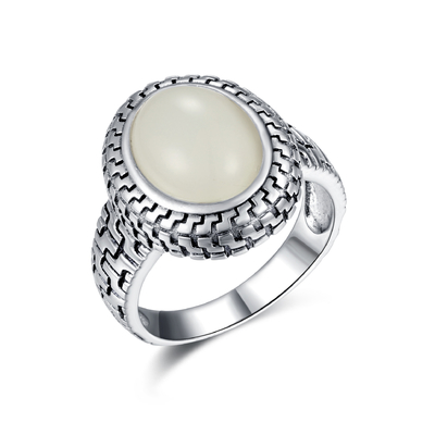 La curación empiedra 925 anillos de plata de la piedra preciosa 9x12m m Jade Carved Ring Band blanca oval