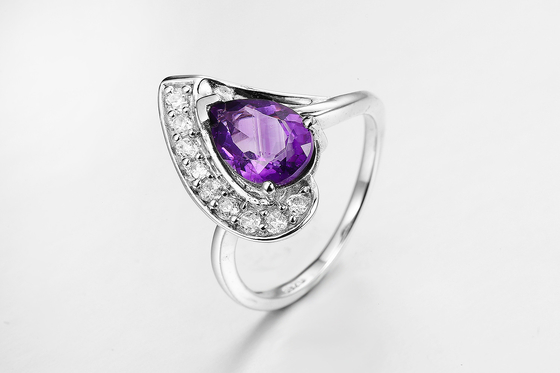 Anillo de piedra preciosa náutica de amatista recubierta de rodio 5.23g 925 Anillo de mujer de plata
