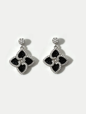 Pendientes de plata de verano con circonita cúbica puntiaguda, trébol de cuatro hojas de la suerte, colorido negro y blanco, circonita cúbica adecuada para eventos informales y formales, pendientes colgantes, lindos pendientes de plata de ley