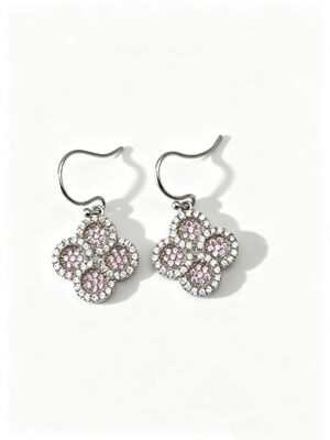 Pendientes de plata 925 con circonitas AAA de color rosa melocotón y blanco en diseño redondo de flores de la suerte, chapados en rodio hipoalergénicos.