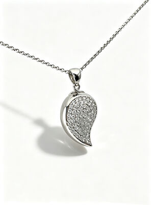 White Rhodium 925 Silver CZ Pendant  Blooming Teardrop Leaf  Pendant with Rolo Chain Jewellery Factory White AAA Pave CZ Stones  22*15.5mm Size 6.25g Total Weight Necklace Teardrop Leaves