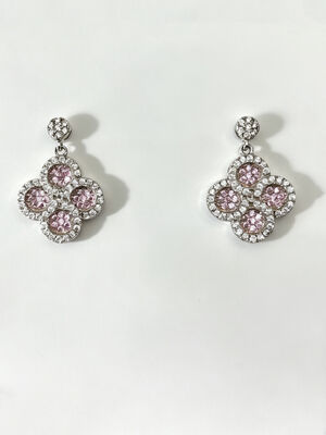 Pendientes de plata 925 con circonitas AAA de color rosa melocotón y blanco en diseño redondo de flores de la suerte, chapados en rodio hipoalergénicos.