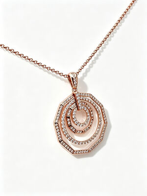 Oro Rosa Plata 925 Colgante Geométrico Encapuchado Octágono Pavé RG Cadena Rolo de 1.5 mm Fábrica de Joyería Piedras Pavé AAA Blancas CZ Diámetro de 25 mm Tamaño 6.40g Peso Total Collar 4 Círculos Encapuchados