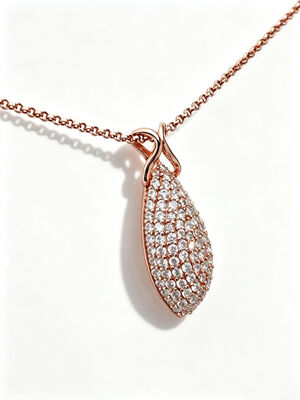 2027 Colgante de lágrima nuevo, piedras micro pavé completas, engaste de plata pulida, elegante diseño de reasa entrelazado Cadena Rolo de Plata 925 CZ RG 1.5mm Alto Brillo 29mm Altura 5.65gram Oro Rosa