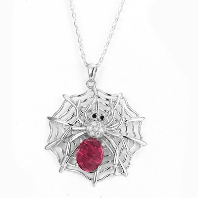 Sterling Silver Spider Web Pendant Ruby Swarovski Gemstone Necklace rojo