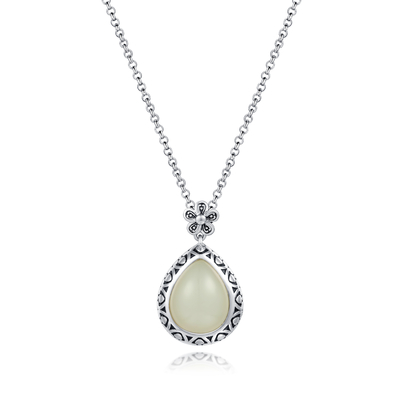 La cerradura de la flor talló el colgante de piedra de plata en forma de pera blanco de Jade Pendant 12x15m m