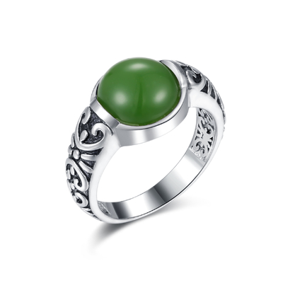 Tallado 925 anillos de plata de la piedra preciosa 10x10m m Jade Ring verde oscuro formada ronda