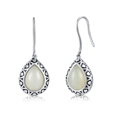 925 jade blanco en forma de pera tallado de Sterling Silver Gemstone Earrings 5.63g