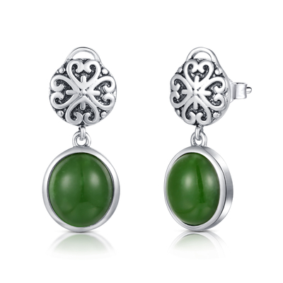 jade del verde del óvalo de 1.54g 925 Sterling Silver Gemstone Earrings 9x10m m
