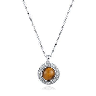 Galjanoplastia redonda pendiente Tiger Eye Stone Pendant del rodio de la piedra preciosa de plata de las mujeres 925